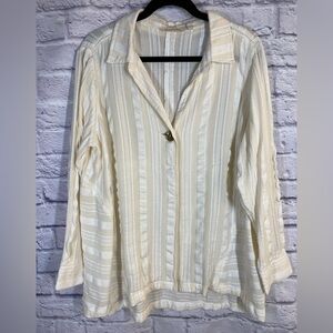 Soft Surroundings Textured Stripe Collared Blouse Cream Long Sleeve Size XL